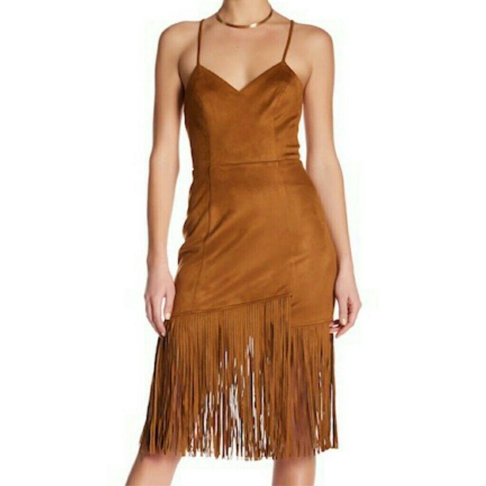 Lovers + Friends Firefly Brown Faux Suede Tan Fringe Midi Dress Size Medium
